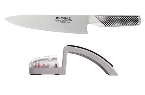 Image of Global 2pc set 8" chef knife and ceramic sharpener (71G2 + 71220GB) | Global G-2刀和磨刀器套装
